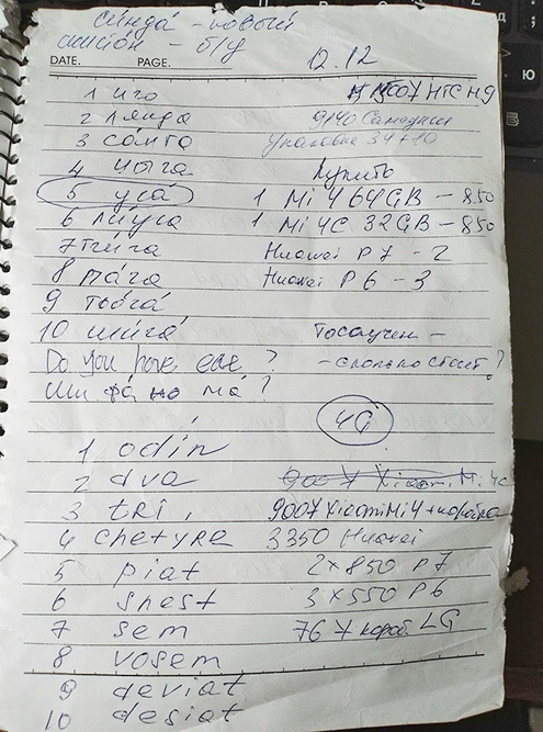 Это моя шпаргалка с китайскими словами, которые нужны, чтобы торговаться. Составить такой словарь мне помогла девочка, которая продавала Мейзу. Я в ответ написала ей, как звучат числительные по-русски