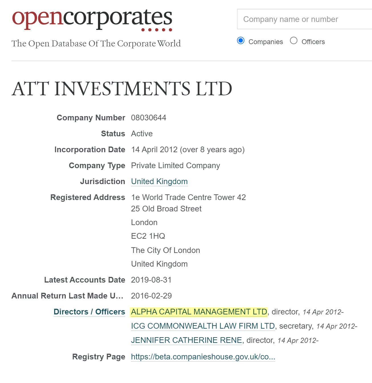Сайт OpenCorporates подтверждает регистрацию юрлица, которое стоит за проектом AT Bonus. Но британский регулятор не выдавал ему лицензию на финансовую деятельность