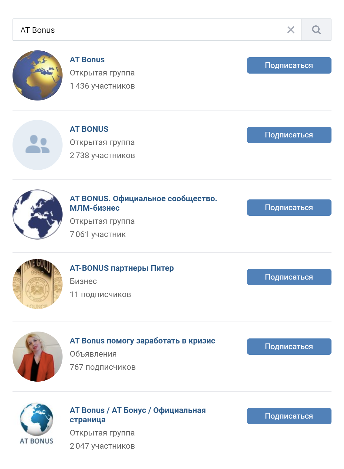Поисковик «Вконтакте» по запросам AT Bonus и АТ Gold выдает 31 группу, большинство из них заброшены. Это может говорить о том, что консультанты разочаровались в идее и смирились с потерей своего взноса