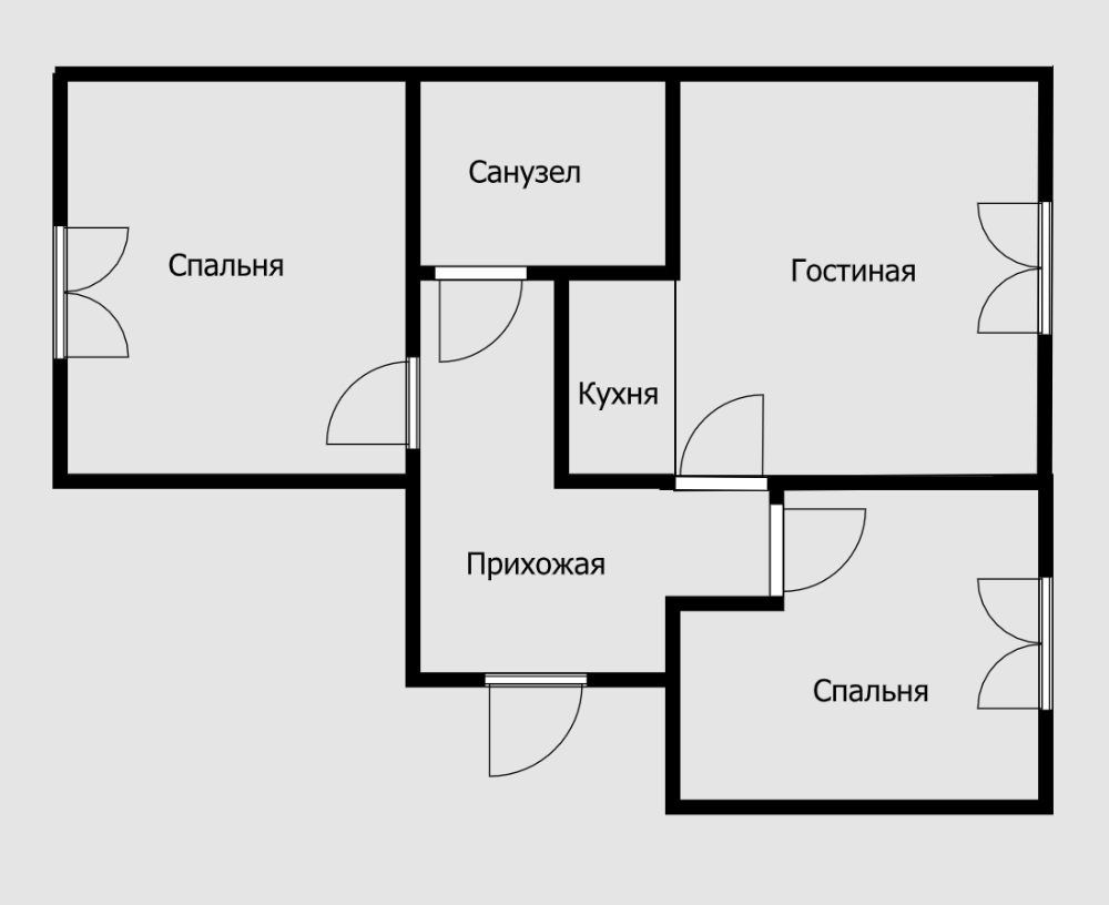 Перепланировка кажется такой же — зону кухни перенесли и присоединили к гостиной, а на ее месте обустроили спальню. Но на этот раз кухня расположена на территории бывшей прихожей, то есть в нежилой зоне