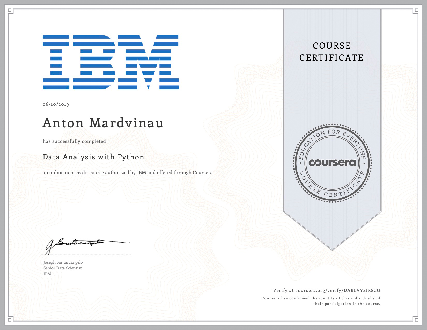 Сертификат курса IBM, который я прошел на «Курсере»