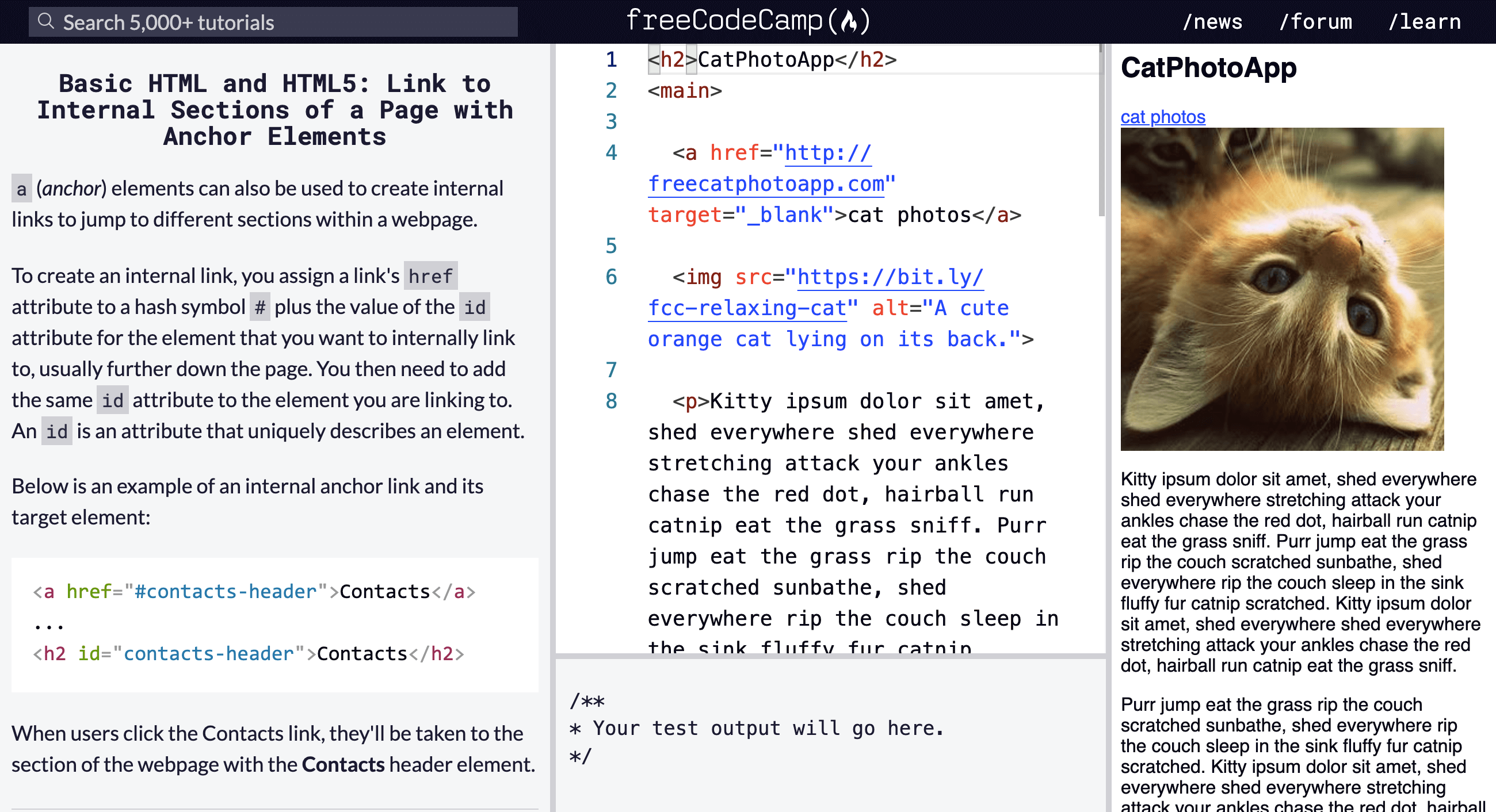 Так выглядит урок на сайте Freecodecamp. Это стандартный интерфейс любого курса по основам программирования: слева — блок с теорией, по центру — терминал, где пишется код, а справа — окно, в котором выводится результат исполнения вашего кода