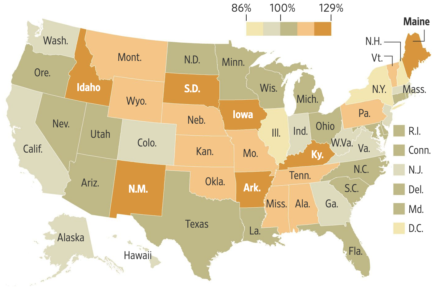 Какой процент дохода среднего работника покрывается пособиями по безработице в разных штатах США. Источник: The&nbsp;Wall Street Journal