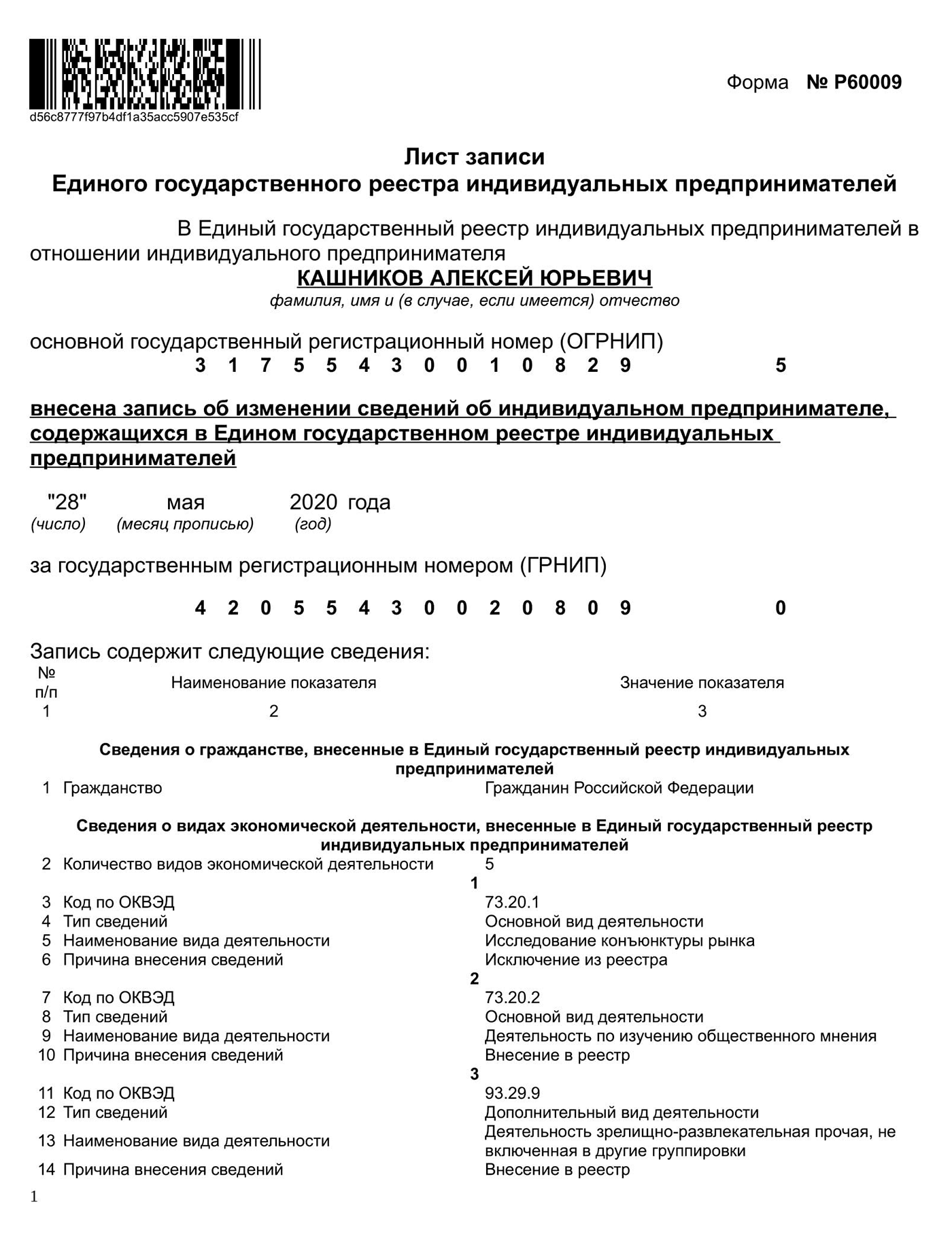 В листе записи ЕГРИП сказано, какие ОКВЭДы добавили, какие исключили