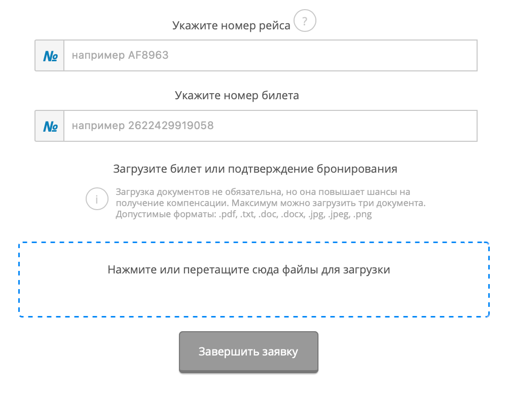 В форме необходимо ввести номер рейса и билета того, кто заполняет заявку