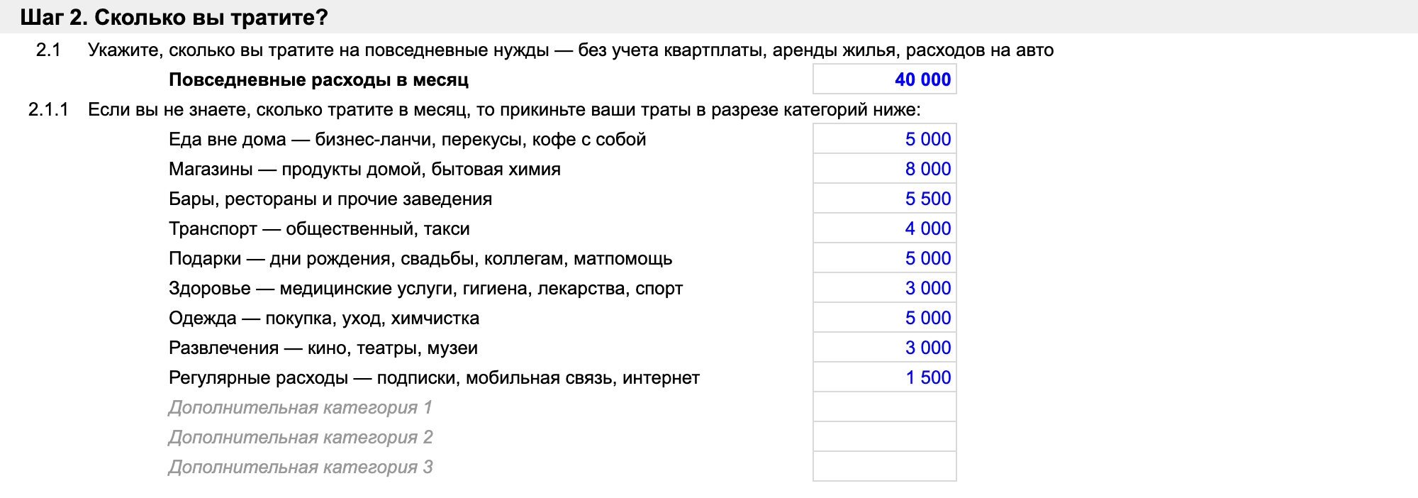 Чтобы прикинуть средний расход в месяц, укажите ваши затраты по категориям. В пункте 2.1 таблица автоматически посчитает сумму этих трат