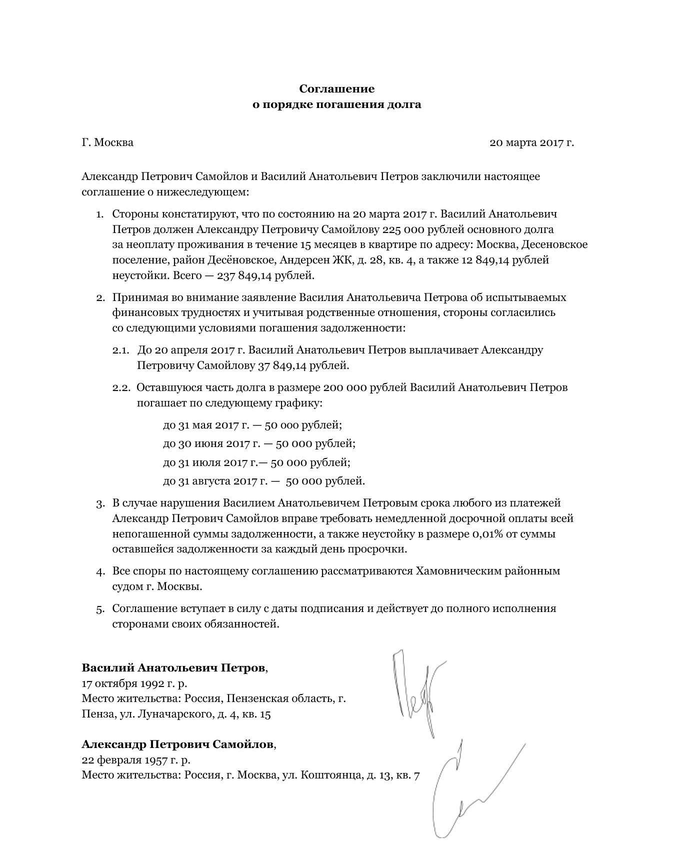 Пример простого договора о погашении долга