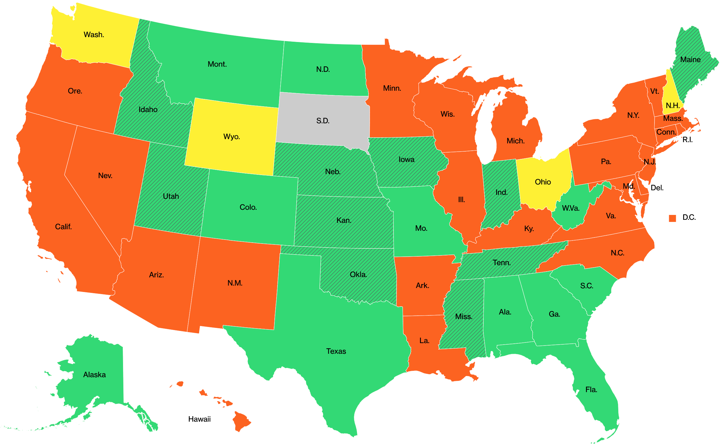 Данные о самоизоляции в разных штатах США на 6&nbsp;мая. Оранжевый — режим самоизоляции действует; желтый — есть послабления; зеленый — режим частично снят; заштрихованный зеленый — режим снят; серый — нет самоизоляции. Источник: Bloomberg