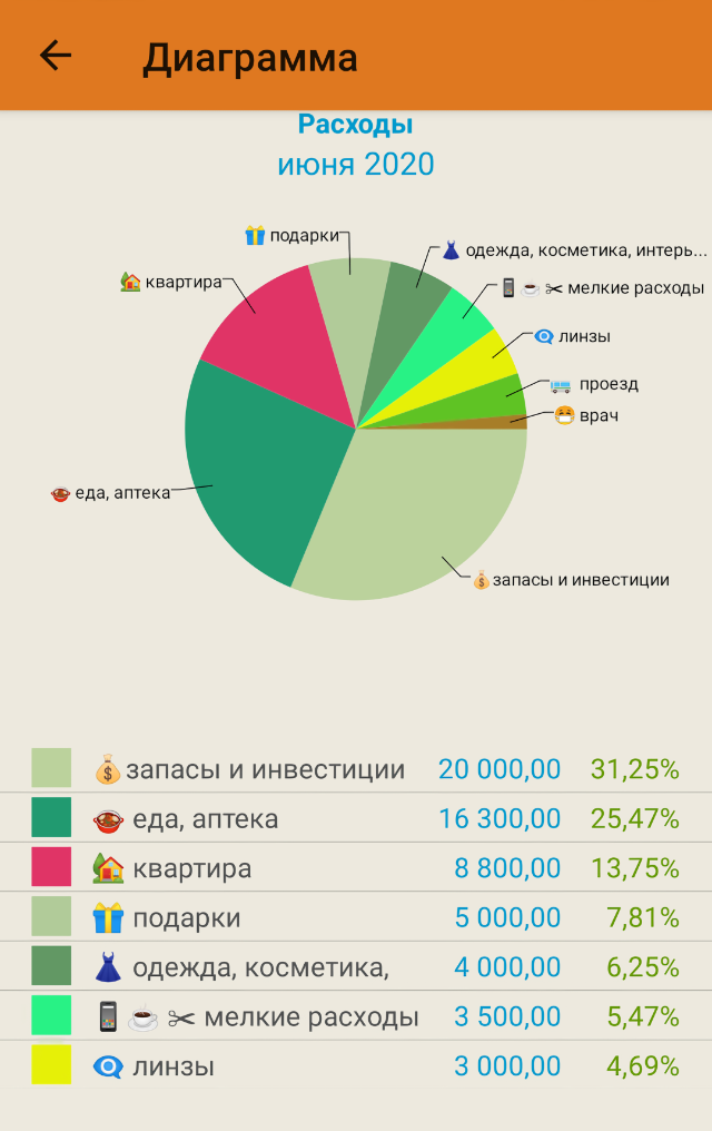 В июне 2020 года больше всего я потратила на запасы и инвестиции