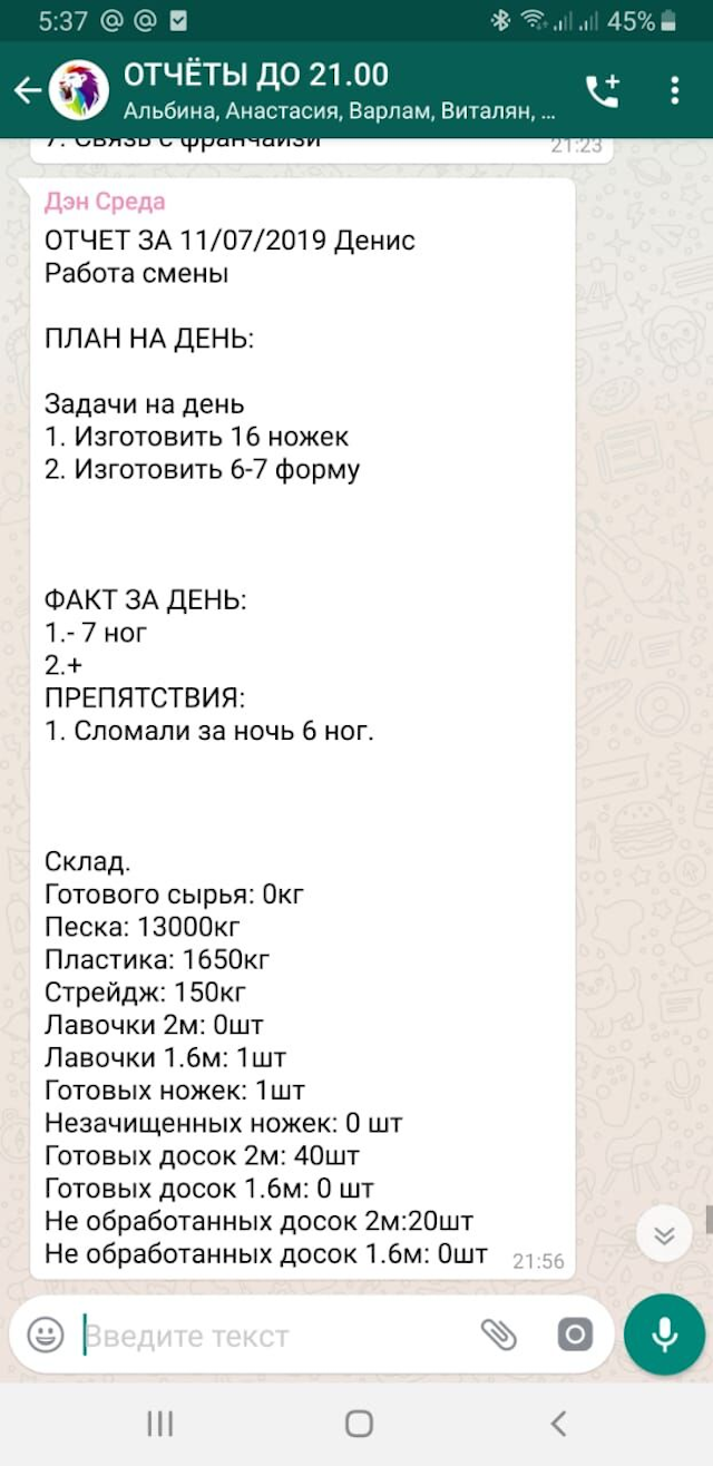 Алексей получает отчеты каждый день в Вотсапе. Если есть вопросы, он их тут же задает