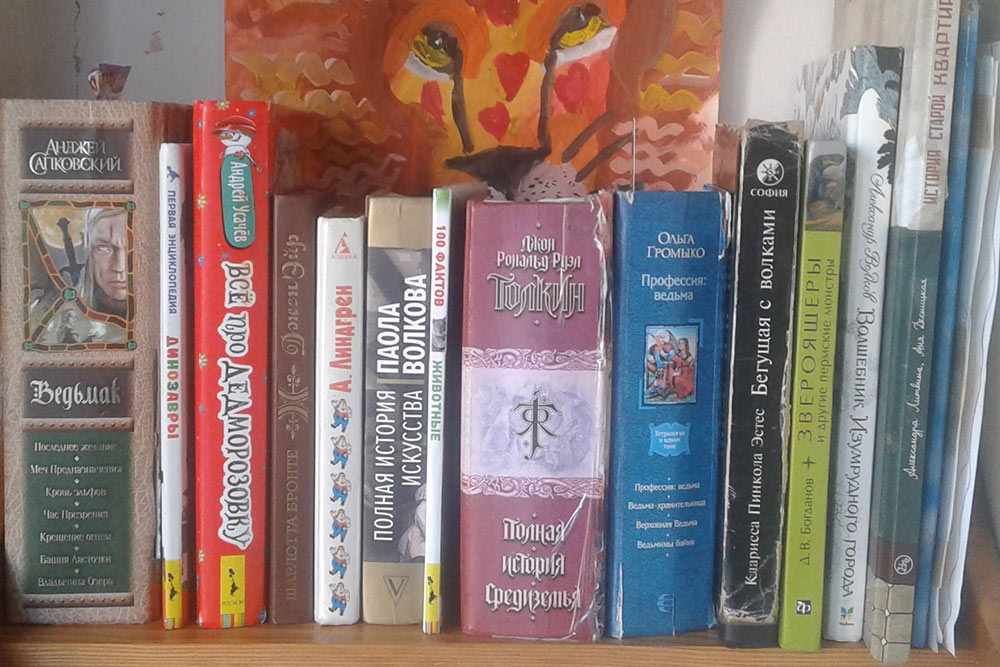 Наша книжная полка на кухне. Лев — рисунок младшей дочери