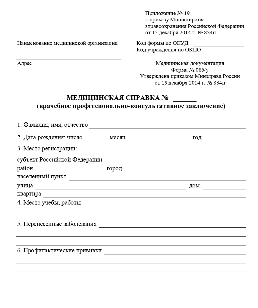 На фото — пример актуального для 2020 года бланка справки 086/у