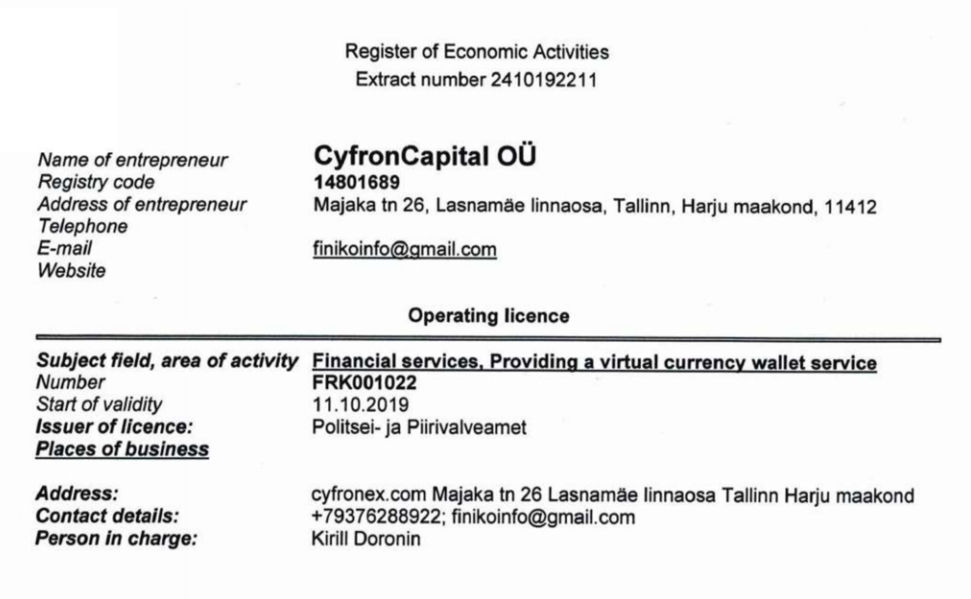 Сайт thefiniko.com указывает в качестве юрлица компанию CyfronCapital OÜ, которая зарегистрирована в Эстонии и имеет лицензию на финансовую деятельность