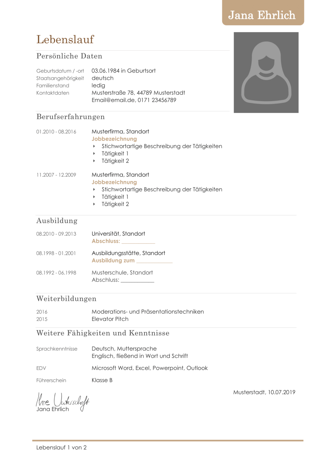 Curriculum vitae, или CV, буквально означает «жизненный путь», в Германии его еще называют Lebenslauf. Я использовала вот такой образец — нашла его в одном из своих учебников по немецкому. Позже немецкие коллеги сказали, что я выбрала очень хороший вариант этого документа. По их словам, Lebenslauf должна быть обязательно в табличной форме, разделена на рубрики и содержать только самую основную информацию без использования глаголов