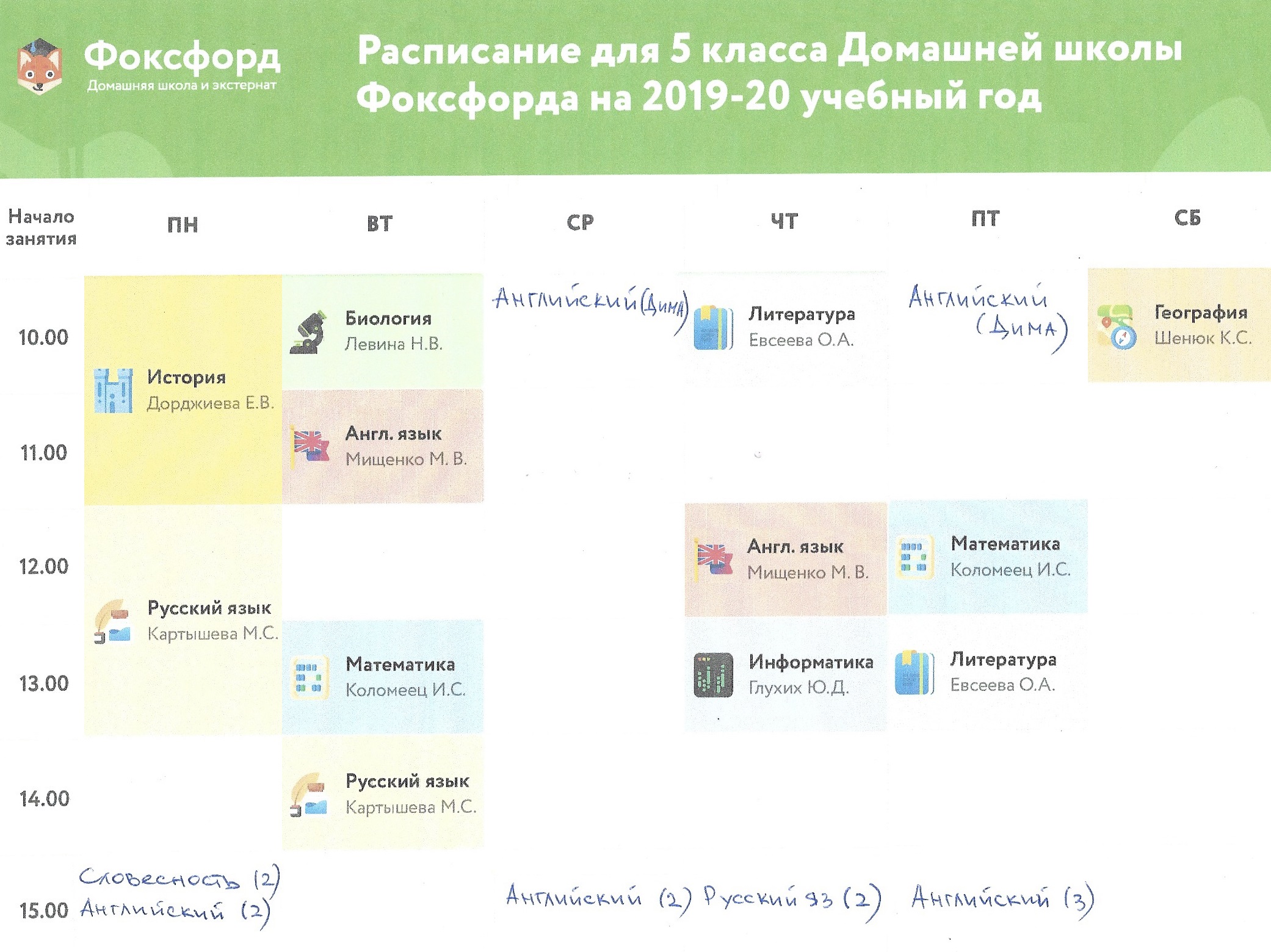 Это расписание дочери. Она выбрала гуманитарный маршрут. Ручкой вписали дополнительные занятия и репетитора по английскому, чтобы сразу видеть всю нагрузку