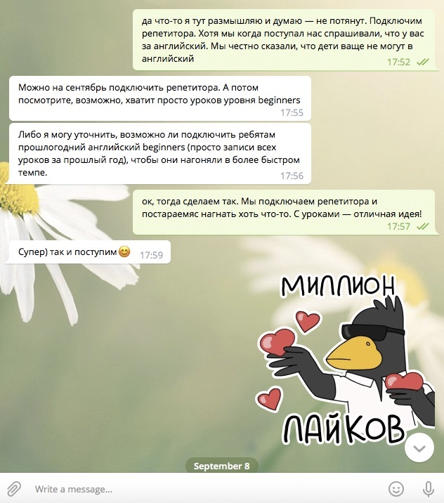 Потому нам открыли программу уровня попроще и посоветовали нанять репетитора, чтобы успеть догнать ребят в классе. Сейчас дети дополнительно занимаются с репетиторами по Скайпу