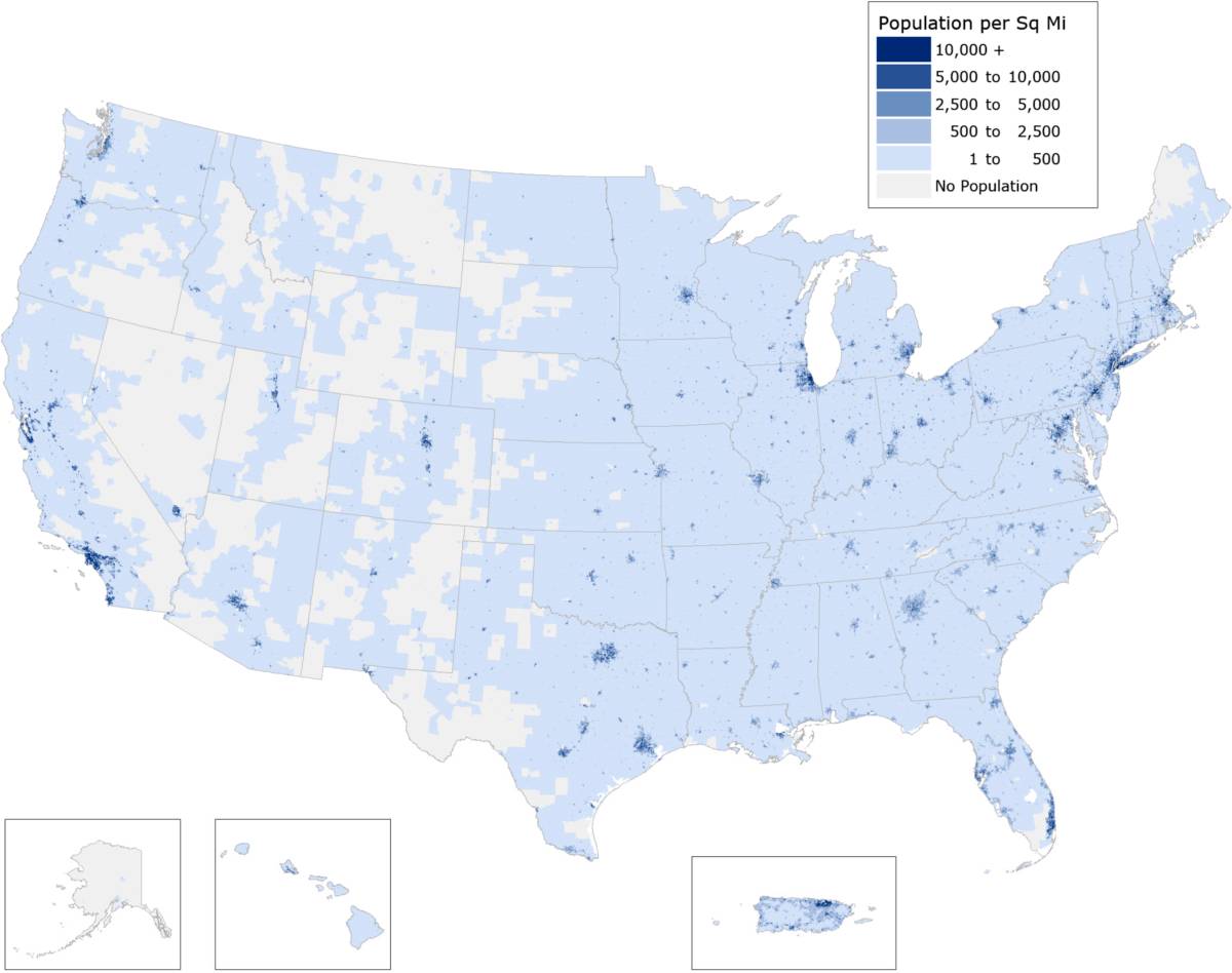 Плотность населения США, человек на квадратную милю. Источник: презентация American Tower, стр.&nbsp;21