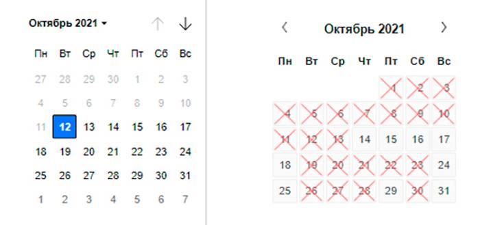 Слева — календарь с поддельного сайта: номер свободен на любую дату и время. Справа — календарь с настоящего сайта отеля: как только номер бронируют, дату отмечают крестиком