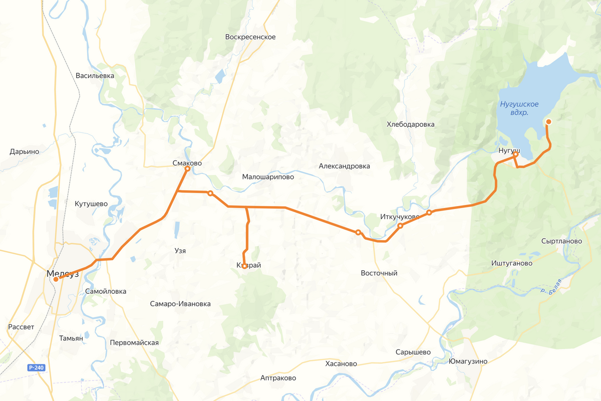 Маршрут автобуса из Мелеуза в Нугуш на карте. Источник:&nbsp;rasp.yandex.ru
