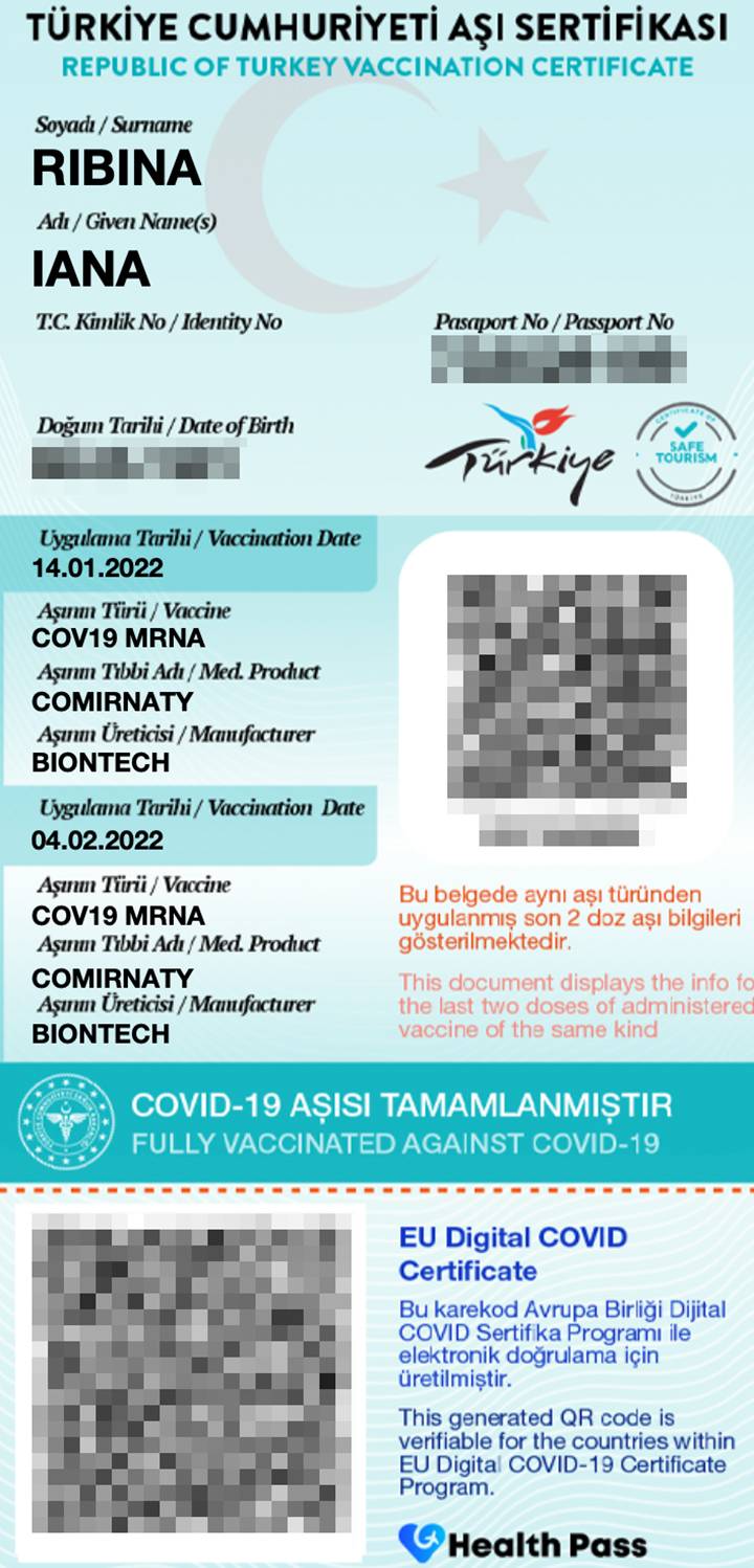 Вот так выглядит турецкий сертификат о вакцинации Pfizer с двумя QR-кодами. Нижним можно пользоваться для&nbsp;путешествий по Европе