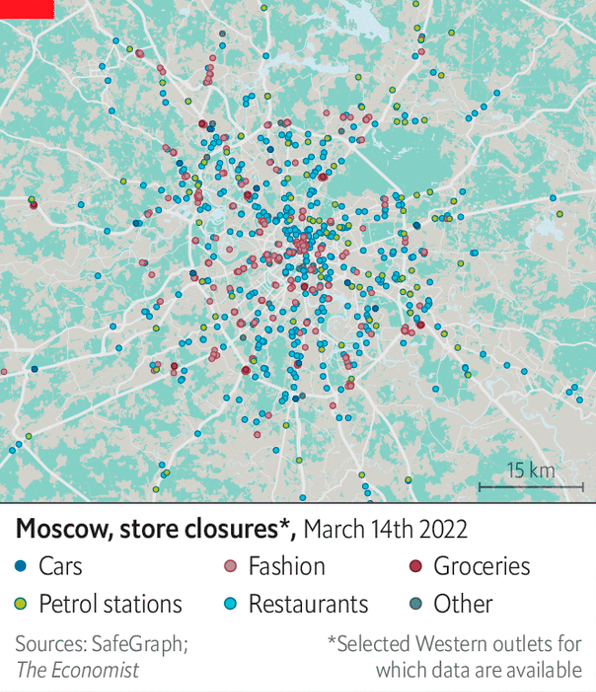 Закрытие западных магазинов в Москве по состоянию на 14 марта 2022&nbsp;года. Источник: The&nbsp;Economist