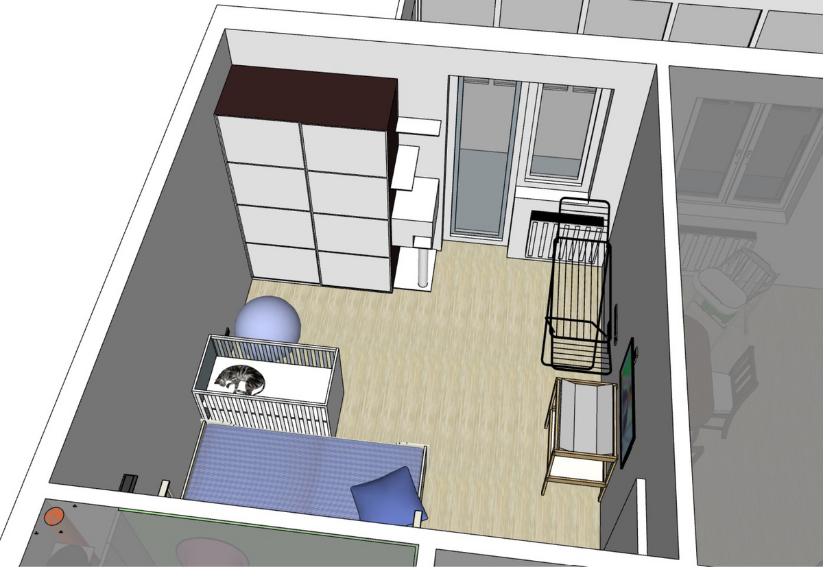 Мой муж нарисовал примерную схему нашей квартиры в программе «Скетчап». Вот&nbsp;как выглядит спальня в доме, где живет ребенок