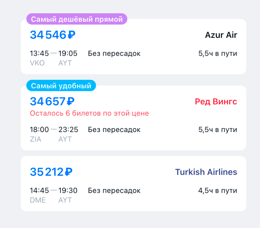 Прямой перелет из Москвы в Анталью обойдется в 35 000 <span class=ruble>Р</span> в июле. Источник: aviasales.ru
