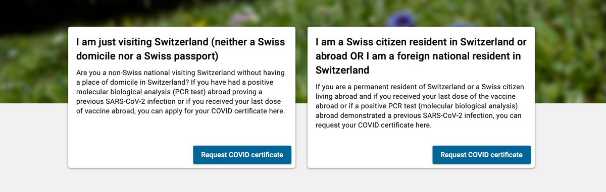 Чтобы заполнить анкету на&nbsp;получение европейского сертификата, выбирайте блок «Я просто посещаю Швейцарию (нет вида на жительство или паспорта Швейцарии)»