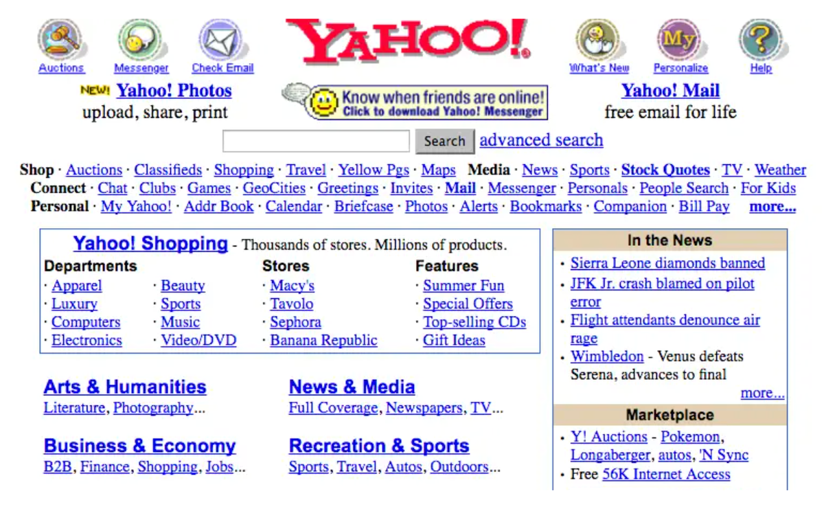 Вот так выглядел популярный поисковик Yahoo в 2000&nbsp;году. Источник: Business Insider