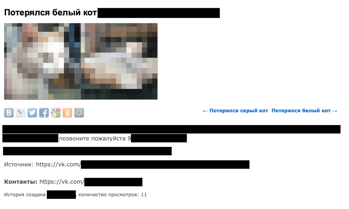 Объявление оказалось очень полезным: здесь и предполагаемый адрес, и ссылка на профиль Вконтакте