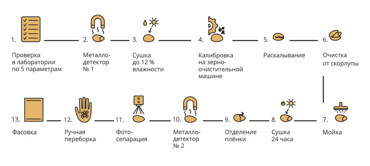 На производстве применяют 13 стадий обработки кедрового ореха. На каждой стадии есть своя определенная техника и рабочие, которые ее обслуживают. Источник: ecofactory.ru
