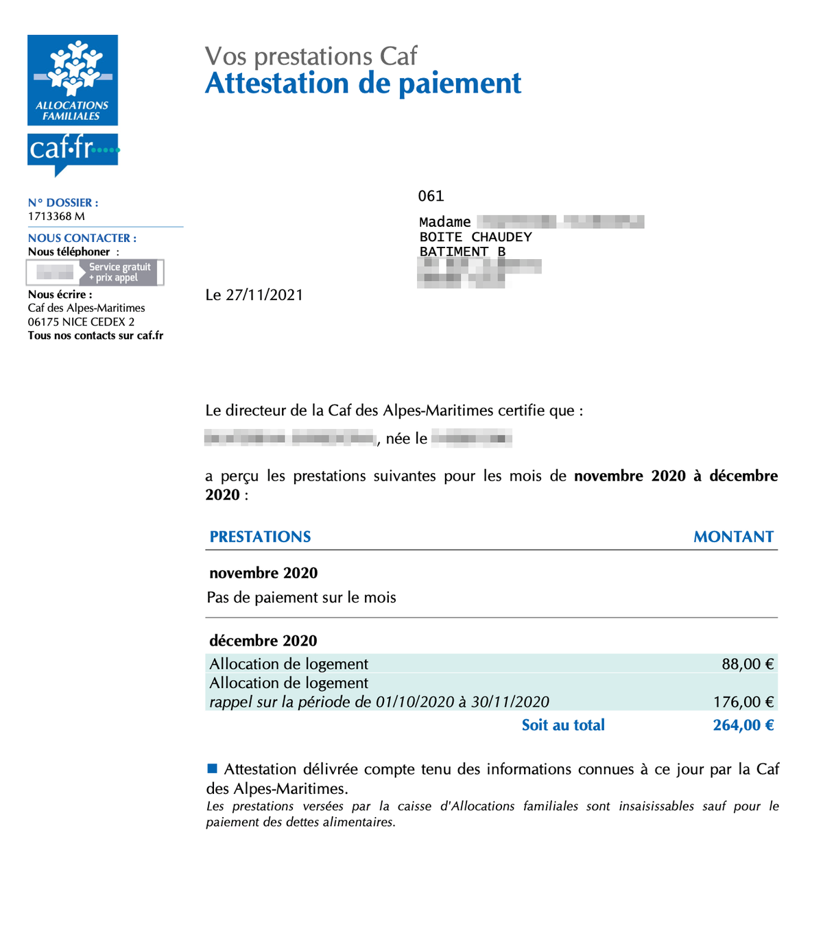 Выписка из моего личного кабинета CAF: в ноябре я не получала никаких выплат, за декабрь выплата составила 88 €, за период с 1 октября по 30 ноября — 176 €