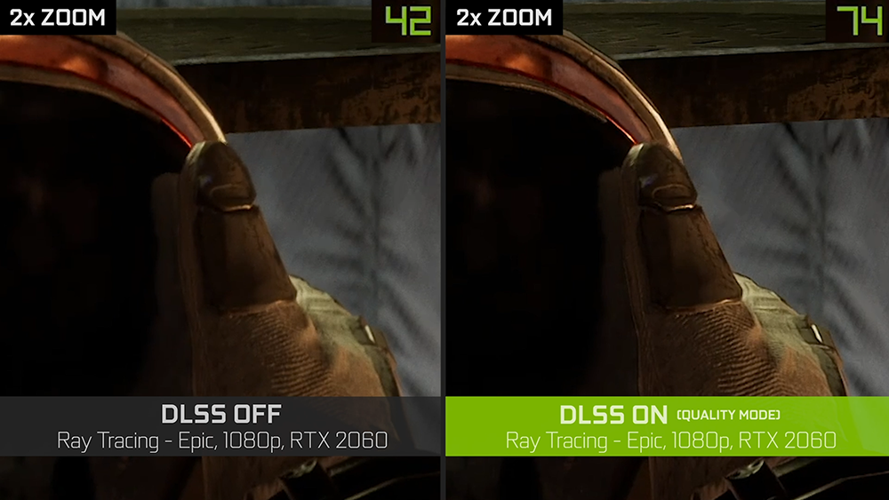 Сравнение картинки без DLSS и с ним — в одном и том же разрешении. В правом верхнем углу — счетчик FPS. Источник: nvidia.com