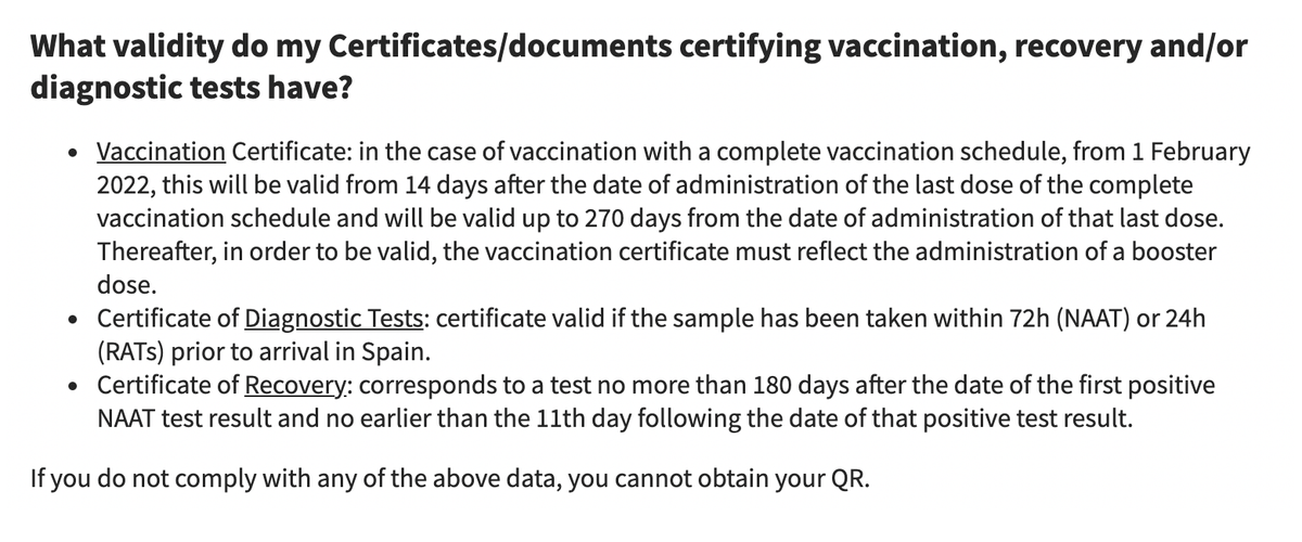 Информация о сроках действия сертификатов вакцинации в Испании. Источник: spth.gob.es