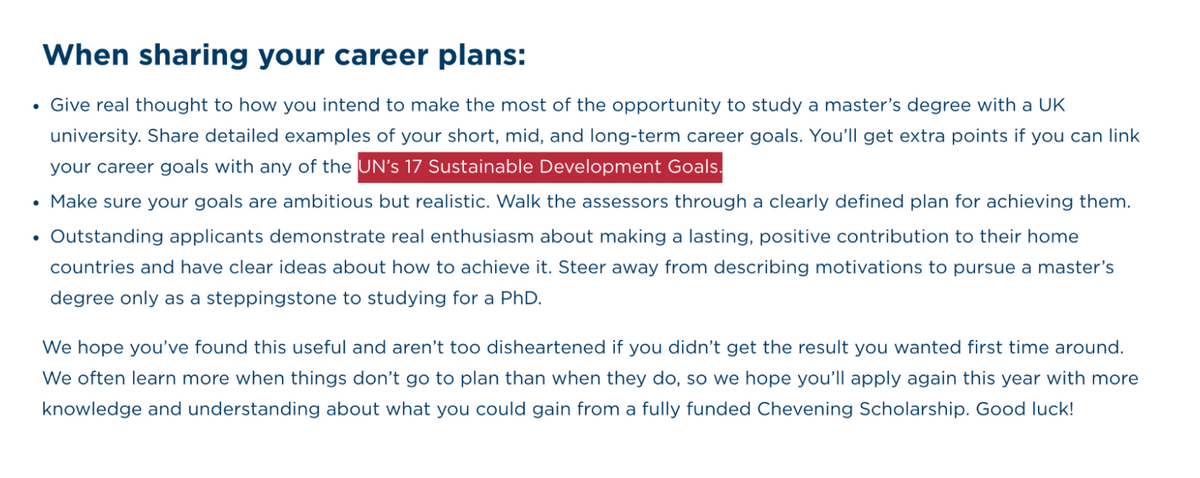 В стипендии Chevening можно получить дополнительные баллы, если карьерные цели соответствуют Целям устойчивого развития ООН
