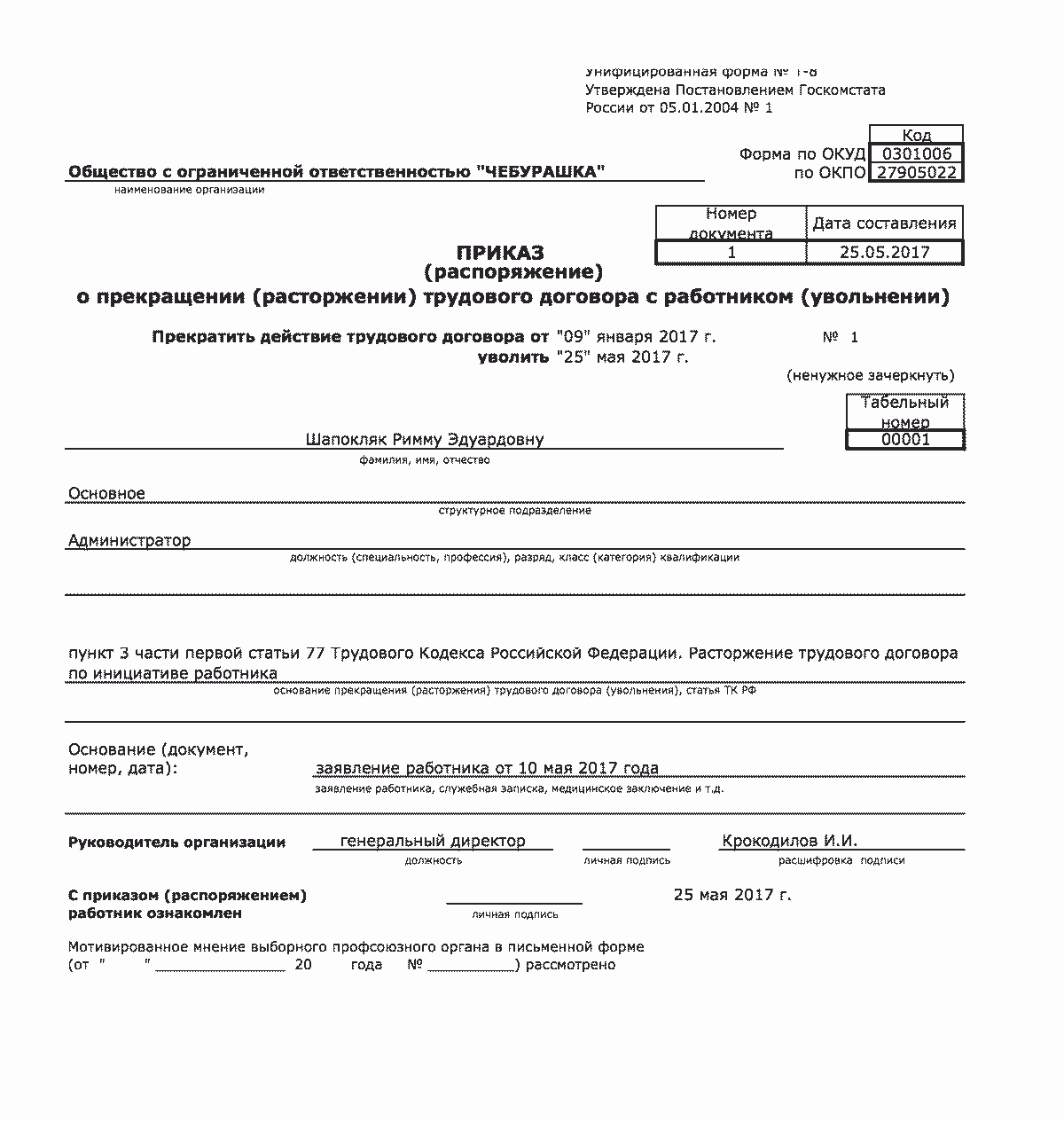 Образец мотивированного мнения профсоюза по сокращению работников