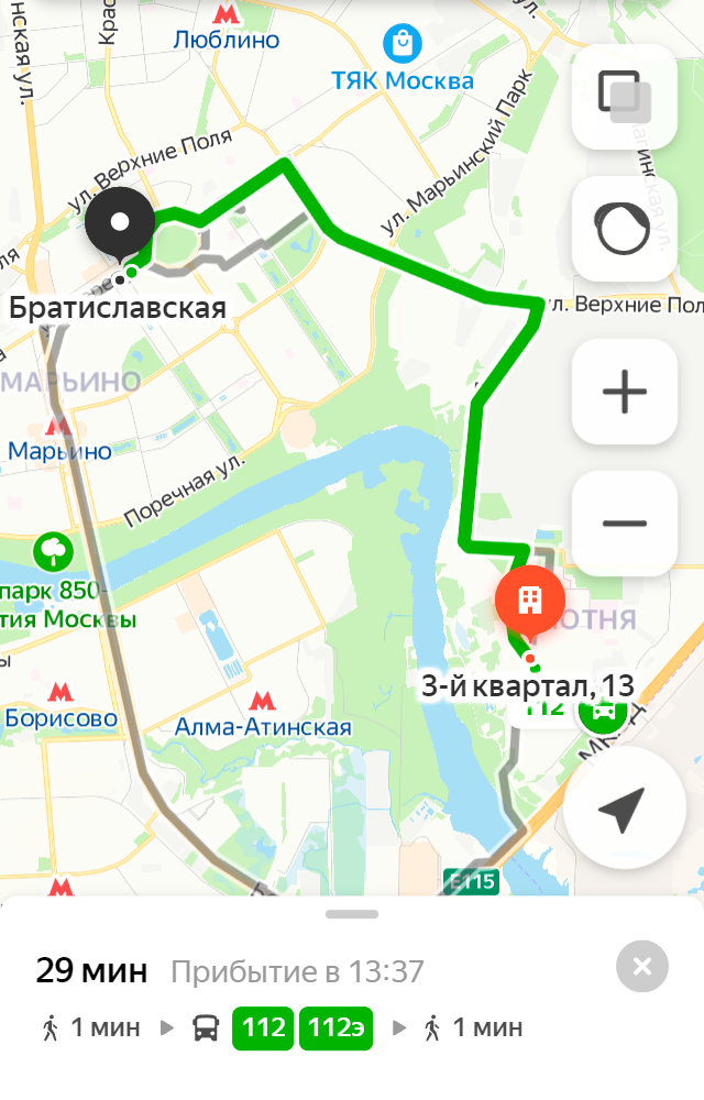 От Капотни до метро «Братиславская» можно добраться на автобусе за 29 минут. Источник: yandex.ru