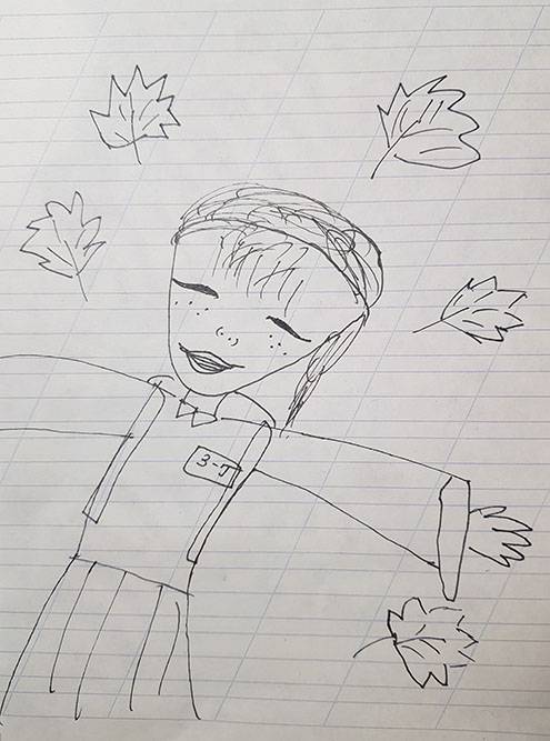 Автопортрет девятилетней дочери, нарисованный на школьной перемене. Мне кажется, по нему очень хорошо считывается ее эмоциональное состояние