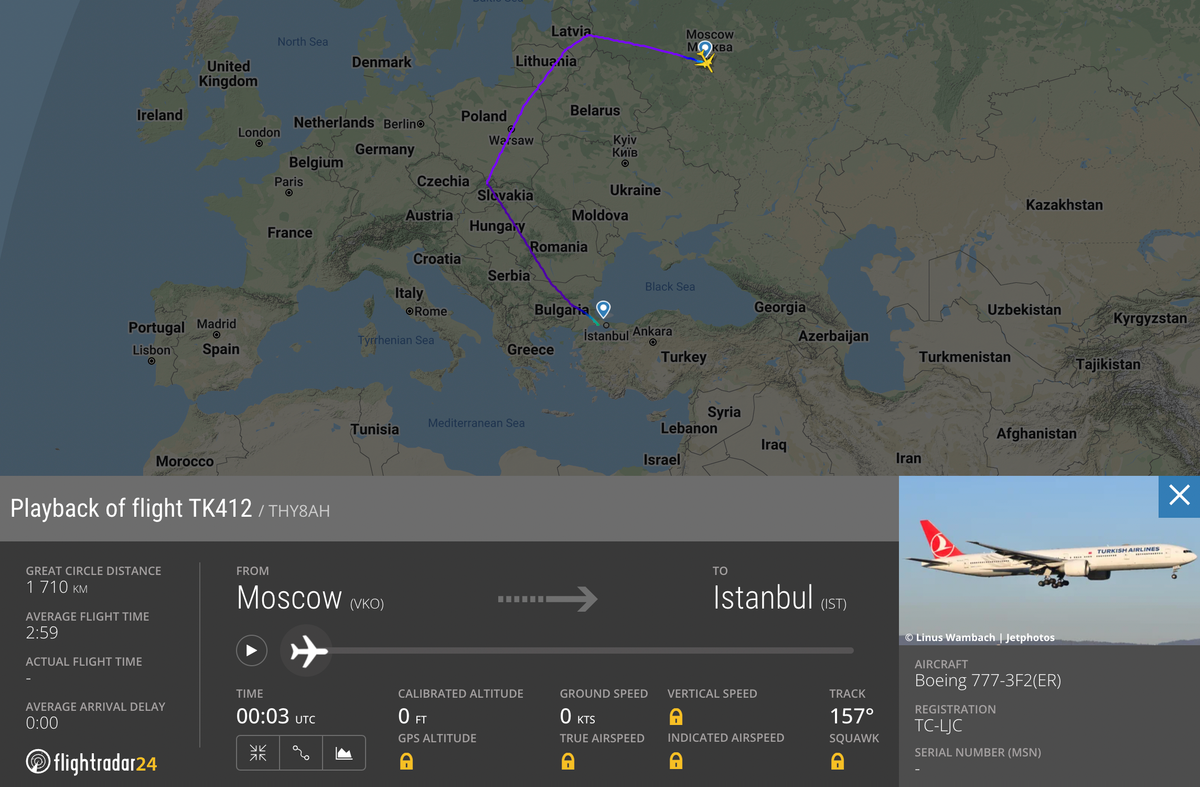 Так выглядит маршрут из Москвы в Стамбул у «Турецких авиалиний». Источник: flightradar24.com