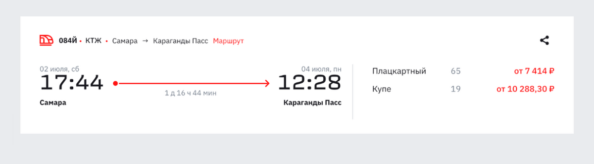 Поезд из Самары в Караганду идет 1 день 17 часов. Стоимость билетов в июле начинается от 7414 <span class=ruble>Р</span> за место в плацкартном вагоне. Источник: rzd.ru