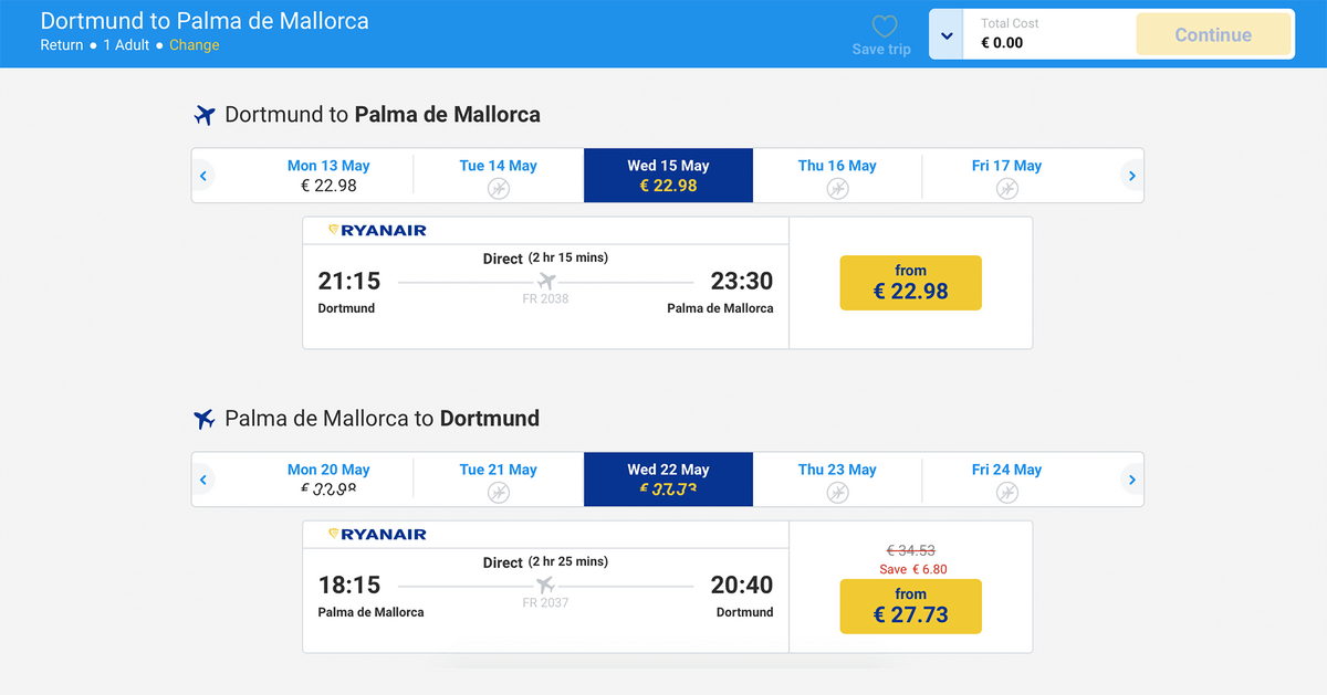 Типичные цены на лоукостер «Райнэйр» — 50 € из Дортмунда в Испанию и обратно