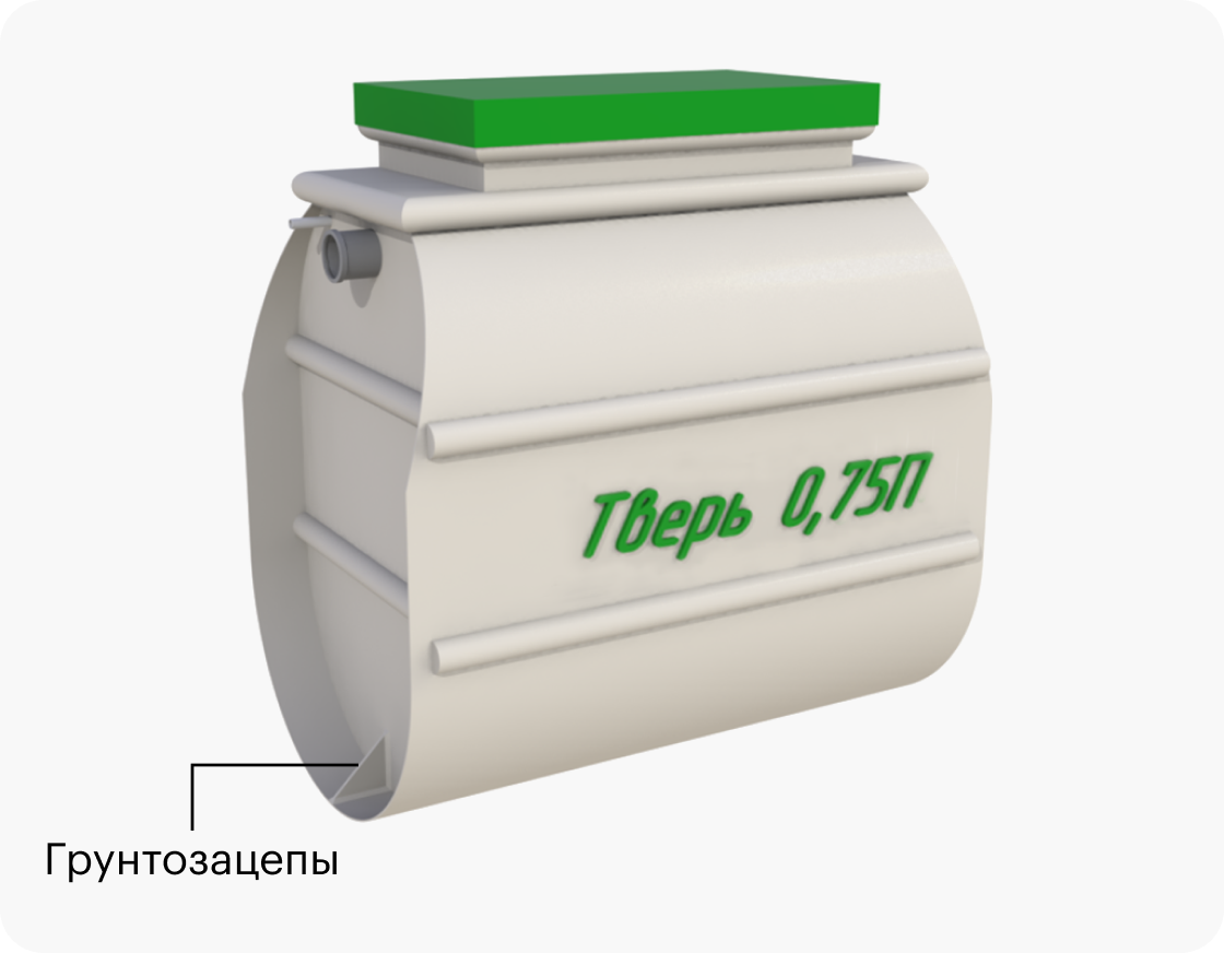 Это станция биоочистки «Тверь 0,75 П», рассчитанная на четырех пользователей. Благодаря грунтозацепам на корпусе станции конструкцию не выдавит на поверхность во время паводков. Источник: septiki-tver.ru