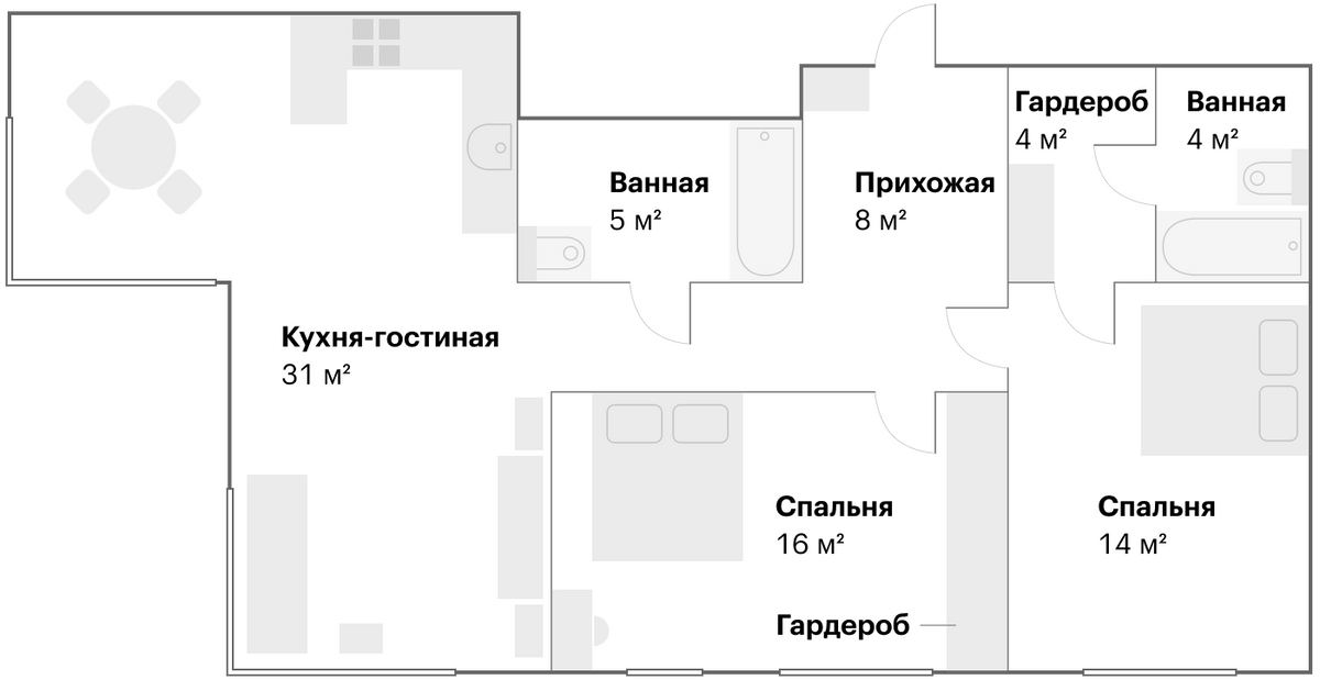 Пример смарт-планировки: трехкомнатная квартира с двумя спальнями и общей гостиной. В одной из спален есть своя ванная, и в обеих — гардеробные. В угловой кухне — панорамное остекление. Окна выходят на противоположные стороны дома