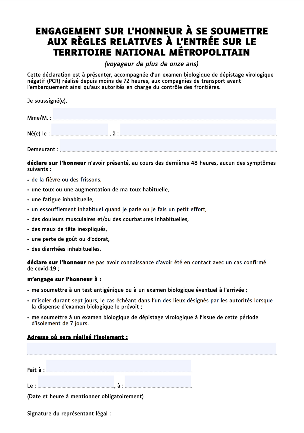 Форма декларации для&nbsp;путешественников во Франции. Источник: interieur.gov.fr