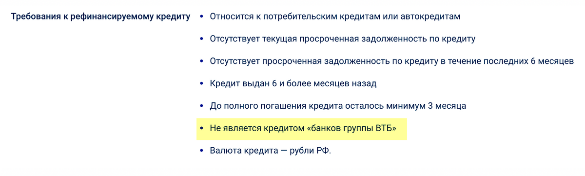 Условия программы «Почта-банка»: рефинансируемые кредиты не должны быть кредитами ВТБ. Источник: pochtabank.ru