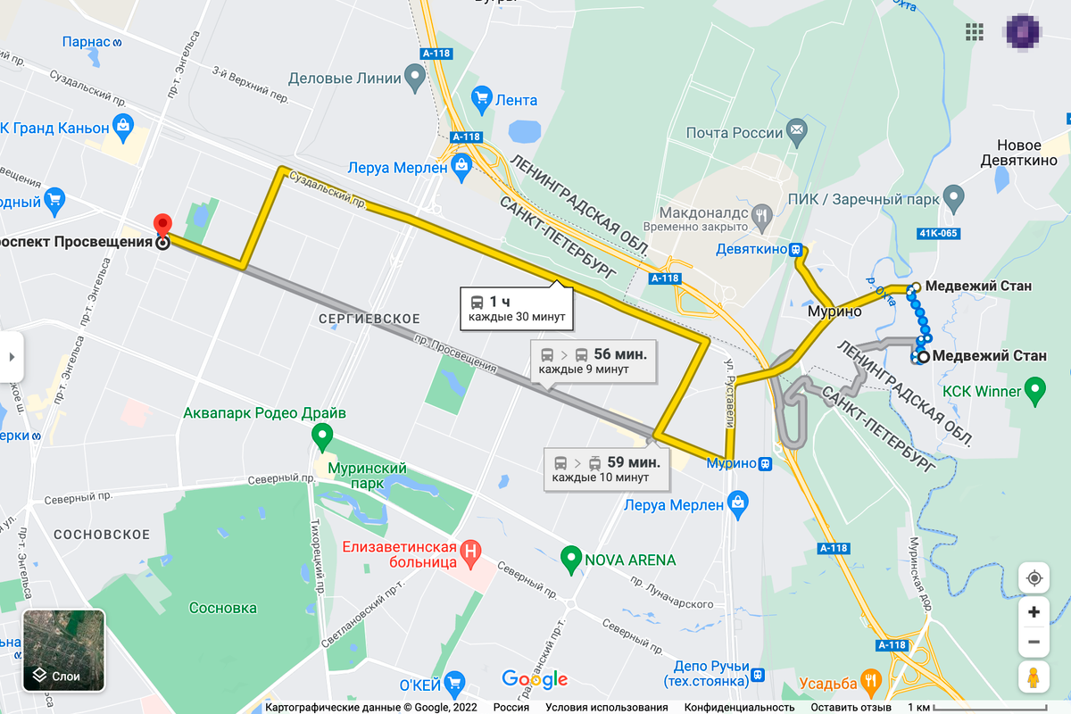 Из моего района можно добраться до метро «Гражданский проспект» или «Проспект Просвещения». Но мне удобнее дойти до метро «Девяткино» и дальше ехать уже оттуда. Источник: google.ru