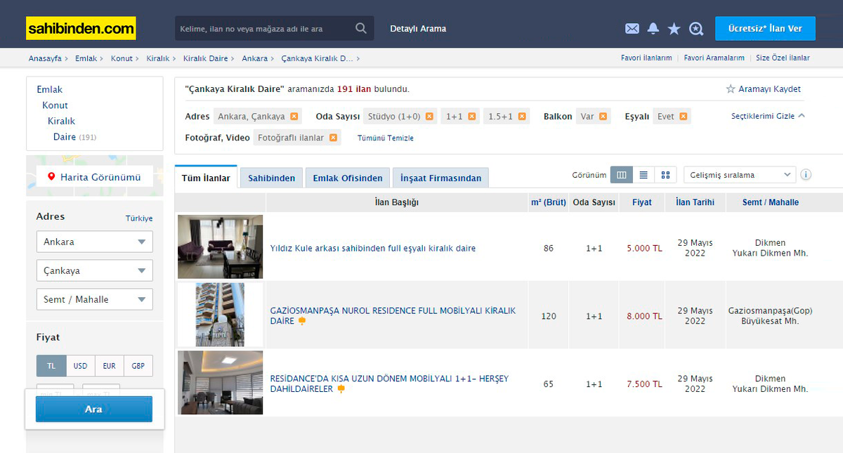 Цены на квартиры на сайте sahibinden.com. Можно не только выставить фильтр по количеству комнат, но и искать жилье с балконом и без&nbsp;мебели, объявления только с фото и так&nbsp;далее