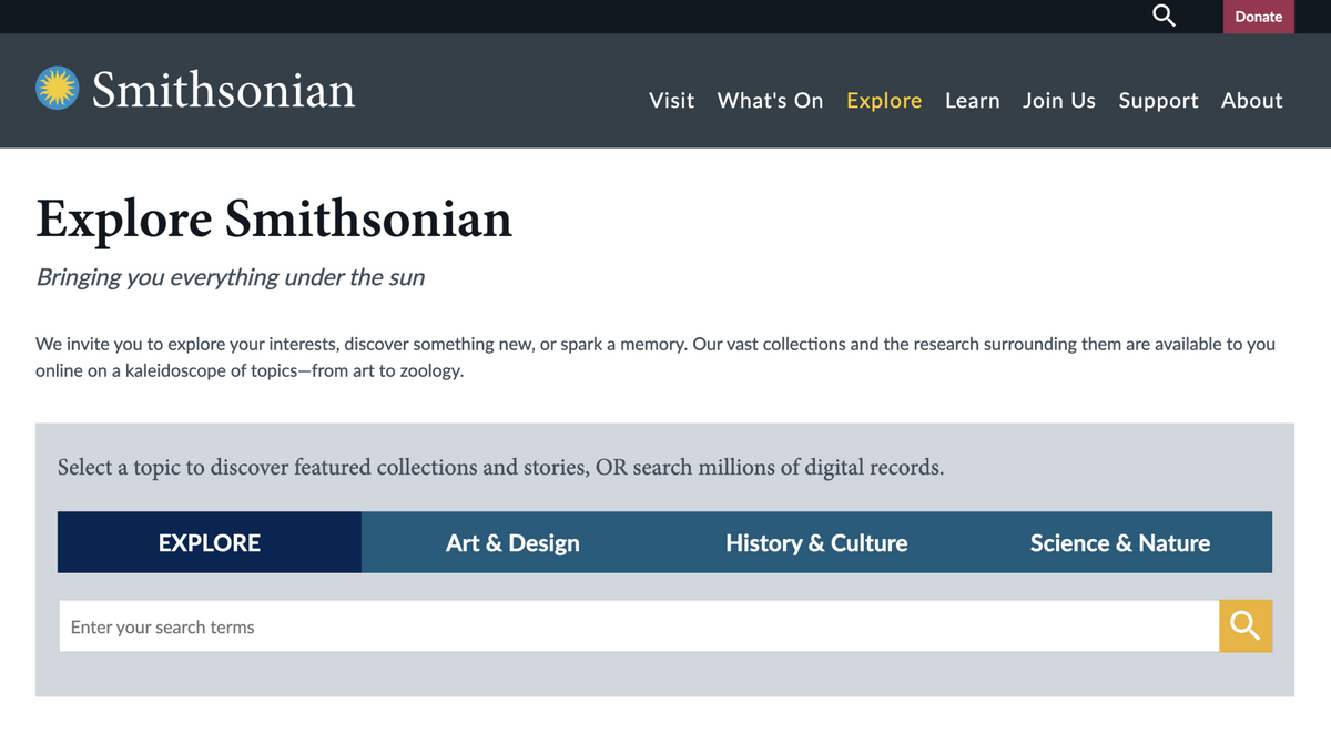 Изображения на Smithsonian распределены по трем тематическим каталогам
