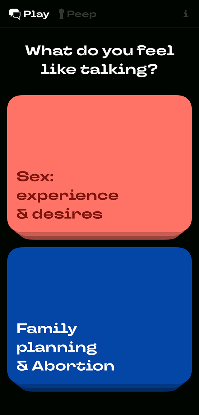 Это стартовое окно приложения. Здесь можно выбрать карточки: про&nbsp;секс и отношения или про&nbsp;планирование семьи и аборты