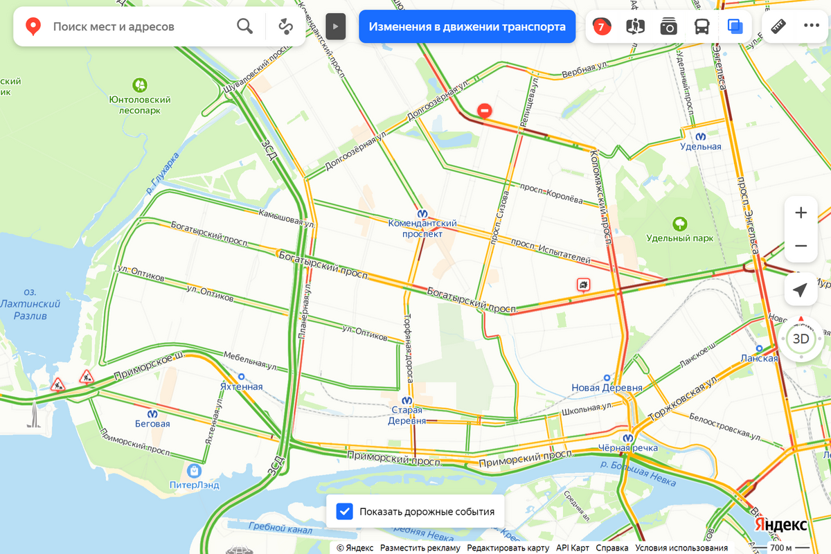 Пробки в Приморском районе в пятницу в 18:00. Источник: yandex.ru